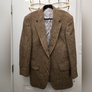 💼 Men's Vintage Land's End Harris Tweed 100% Wool Brown Herringbone Blazer EUC